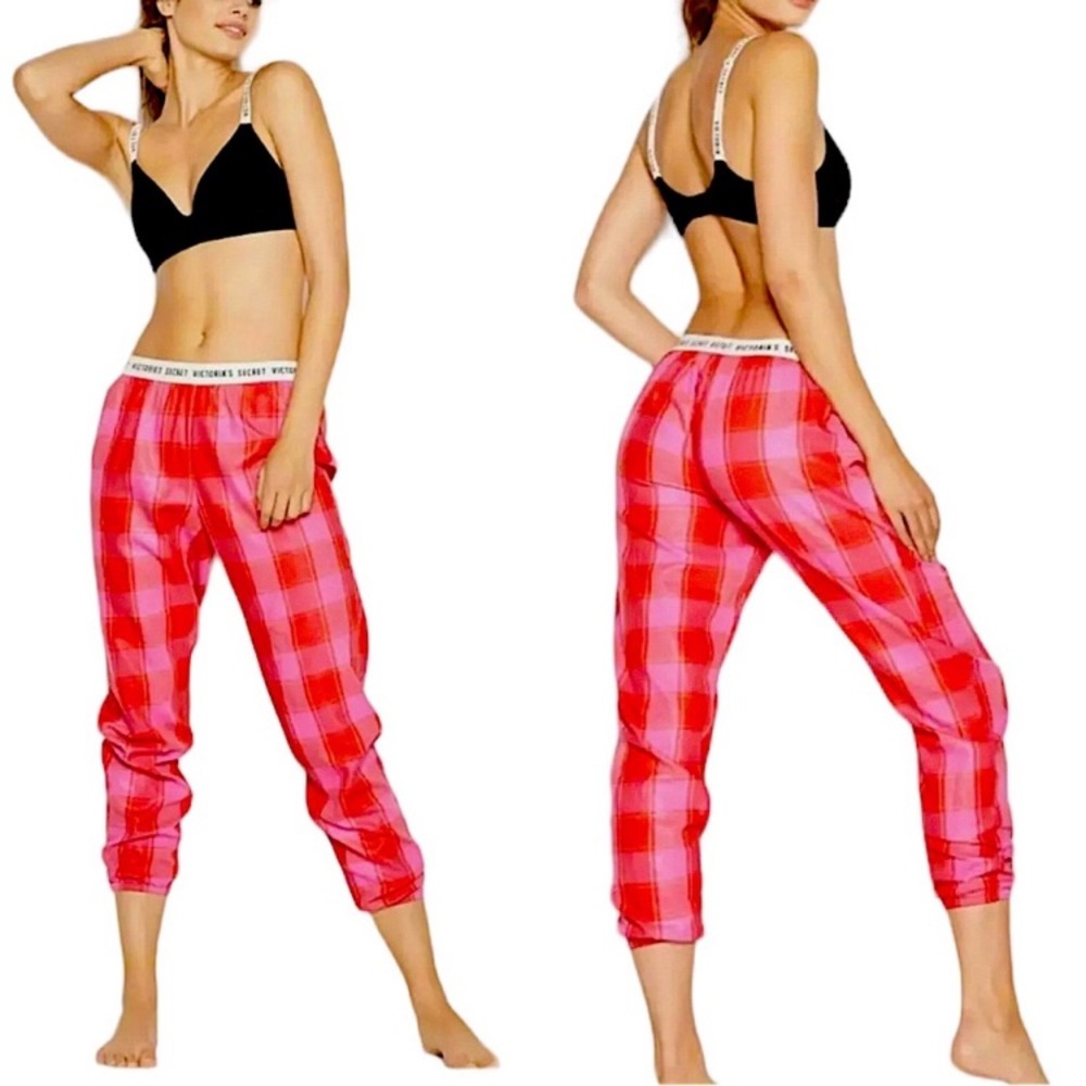 Victoria’s Secret Pink Red Metallic Plaid Pajama PJ Bottoms Logo M